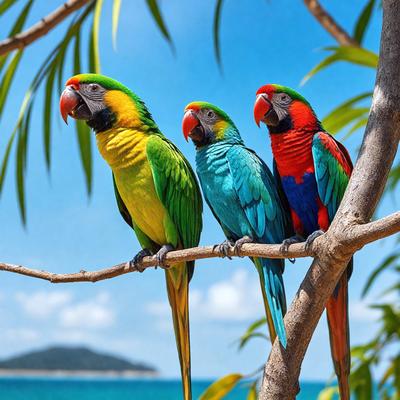 The image features three colorful parrots perched on a tree branch. The parrots are of different colors, adding a vibrant and lively atmosphere to the scene. The primary subject is the parrots, and the setting is a tree branch in a natural environment. The visual style is a photo, capturing the beauty of the parrots in their natural habitat. The colors and mood of the image are bright and cheerful, with the parrots being the main focus of the scene.